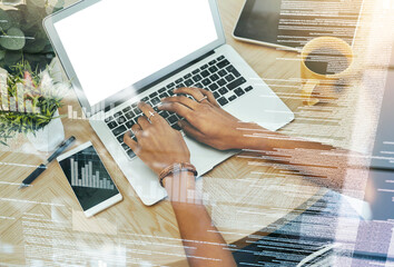 Coding, programming and digital cyber security by hands in the office typing on laptop working on backend of website. Glitch, hacker and person writing code online, internet or web with hologram