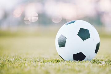 Soccer, ball and field ready for game time or match start in sports, athletics or tournament in the...