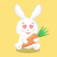 Cartoon cute white bunny with loving eyes sits with his favorite big carrot. Food vector illustration.