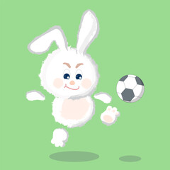 Cute white fluffy bunny is playing soccer with passion. Cartoon vector illustration.