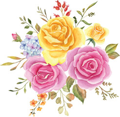 Watercolor floral arrangement, watercolor flower bouquet, rose pink and yellow for wedding, greetings, wallpapers, backgrounds, cards