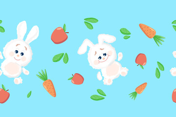 Fluffy white bunnies on a turquoise background with red apples, orange carrots and green leaves. Seamless border.vector illustration.