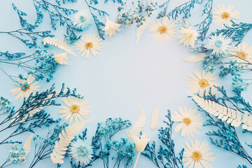 Top view image of white and blue dry flowers over pastel background .Flat lay