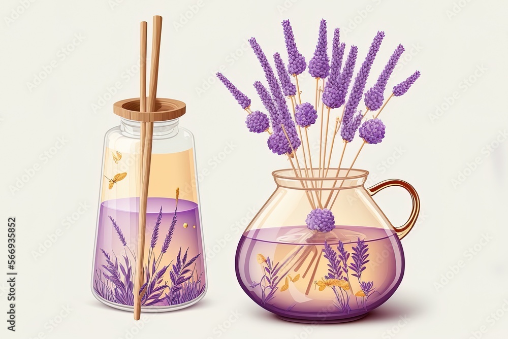 Poster depiction of glass cosmetic jars with stoppers, a pipette, and an aroma diffuser removed from a larg