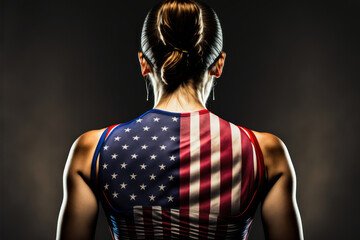 Athletic young woman with American flag on her back, generative ai