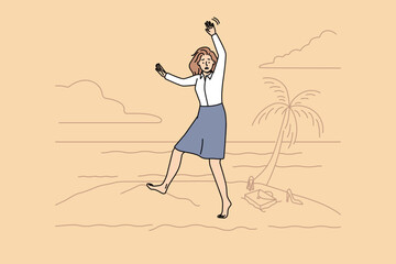Scared young businesswoman on deserted island wave hand ask for help. Stressed female employee lost in nature beg for aid, show rescue or SOS gesture. Vector illustration. 