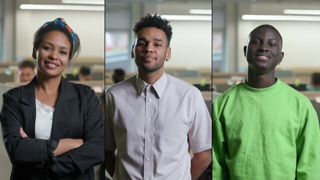 Split screen, portraits of a dark-skinned office workers against the background of international office space, managers looks at the camera and smiles, multiscreen.