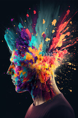 a person's head is exploding in a colorful splash of ideas and creativity