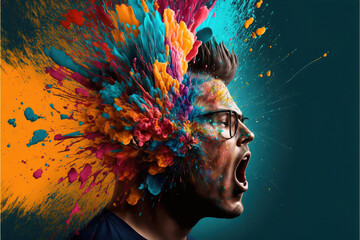 a portrait of a person's head is exploding in a colorful splash of ideas, mindfulness and creativity