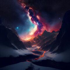 Himalayan mountain scenery at night against the background of the Milky Way galaxy. Generative Ai.