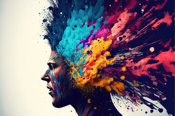 a portrait of a person's head, exploding in a colorful splash of ideas, mindfulness and creativity