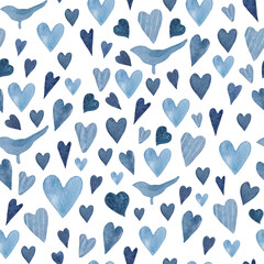 Fototapeta na wymiar Watercolor seamless hand drawn pattern with blue silhouettes of birdies and navy hearts