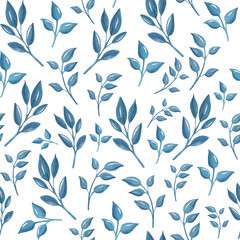 Watercolor seamless hand drawn botanical pattern with blue leaves of fantasy plants