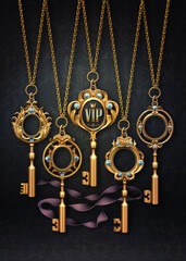 Fototapeta na wymiar 3D illustration of five golden skeleton keys with a vintage aesthetic. The keys have intricate designs and are attached to delicate gold chain necklaces. The middle key features the sign V.I.P.