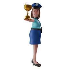 3D illustration. cartoon character Drawing 3D Police Woman Smiling Face showing her trophy. showing a beautiful smile. wearing a cute hat. 3D Cartoon Character