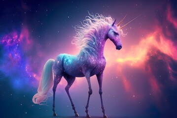 Naklejka na ściany i meble Universe-themed unicorn abstract unicorn with pastel rainbow sky Generative AI