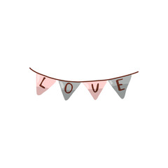 Vector isolated garland of flags, In gray and pink colors, with the inscription love. In pastel colors.