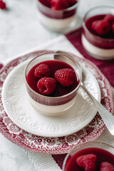dessert with strawberries fresh mousse pannacotta berry jelly monochrome photo red and white photo sweets on english porcelain retro tableware