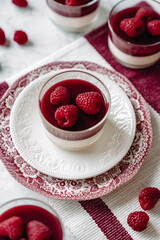 dessert with strawberries fresh mousse pannacotta berry jelly monochrome photo red and white photo sweets on english porcelain retro tableware