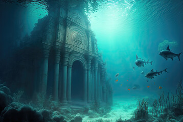 Atlantis, the lost underwater city. Generative AI illustration.