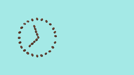 Morning concept. Alarm clock, coffee. Alarm clock on a blue background from coffee beans.