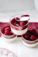 dessert with strawberries fresh mousse pannacotta berry jelly monochrome photo red and white photo sweets on english porcelain retro tableware