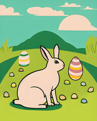 lapins de Pâques entourés de plusieurs oeufs colorés - IA générative	