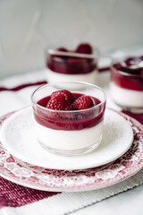 dessert with strawberries fresh mousse pannacotta berry jelly monochrome photo red and white photo sweets on english porcelain retro tableware