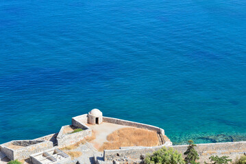 Fototapeta na wymiar Luftansicht Festung Insel Spinalonga (Kalydon) auf Elounda, Agios Nikolaos, Kreta (Griechenland)