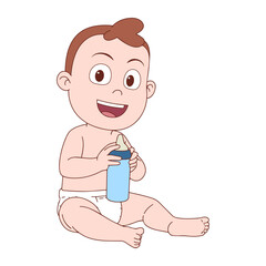 smiling newborn baby holding a milk bottle - vector illustration design