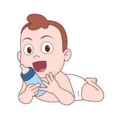 smiling newborn baby holding a milk bottle vector illustration design
