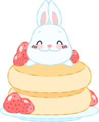 Cute bunny and a strawberry dessert. Flat cartoon illustration of a little white rabbit sitting on a stack of pancakes with berries.
