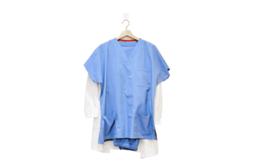 Doctor uniform on a hanger at home, a nurse robe hanging, isolated on a white background