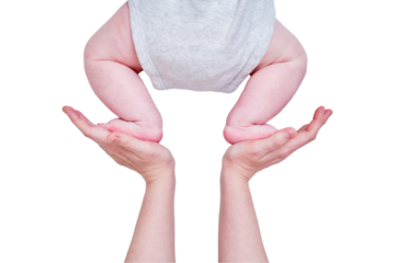 Mom female hands teach the infant baby toddler to crawl, isolated on a white background. Kid aged six months