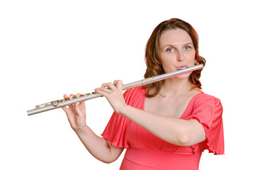 Portrait of a woman musician with a flute on a studio isolated white background. Flutist with a large concert transverse flute in her hands - obrazy, fototapety, plakaty