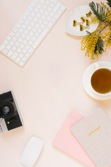 A minimalistic female workspace of a blogger or photographer Flat lay with a keyboard, pink and beige notepad, colored pencils, paper clips, camera, mimosa flowers, a cup of tea