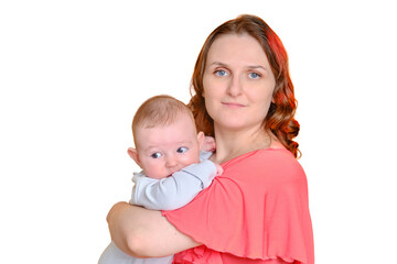 Mom with an infant child on a isolated white background. A woman holds a baby four months old in her arms