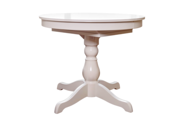 Round white table in retro style, isolated on a white background, isolated on a white background. Vintage dining round table, close-up