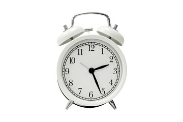 White alarm clock with black dial, isolated on a white background