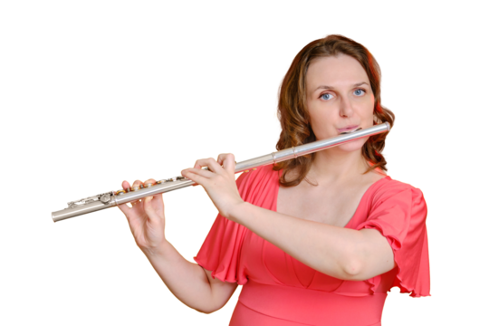 Portrait of a woman musician with a flute on a studio isolated white background. Flutist with a large concert transverse flute in her hands