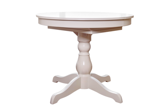 Round white table in retro style, isolated on a white background, isolated on a white background. Vintage dining round table, close-up
