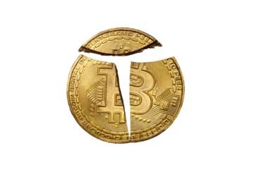 Broken Bitcoin, isolated on a white background, problems with cryptocurrency close-up