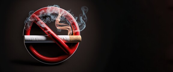 3D illustration of a no smoking sign with a red circle around a cigarette with smoke, copy space, generative ai