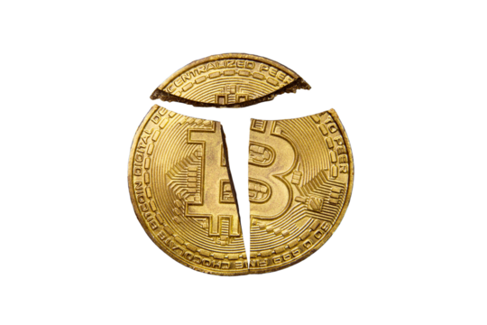 Broken Bitcoin, isolated on a white background, problems with cryptocurrency close-up