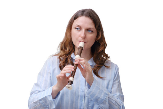 Portrait Of An Adult Female Musician In Blue Clothes, Isolated On A White Background