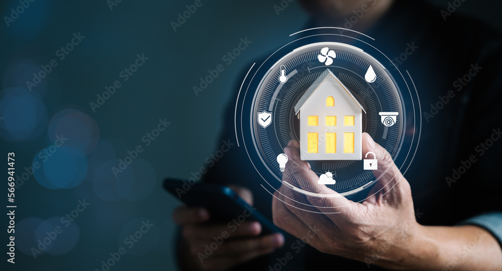 Aufkleber man holding small home model with virtual display as assistant smart home remote control