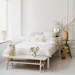 White bedroom interior with windows, spring accessories and white sheets on a king-size bed. Flowers in a vase on the bedside table