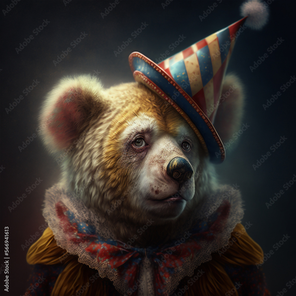 Sticker portrait of a bear in clown cloth