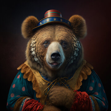 Portrait of a bear in clown cloth