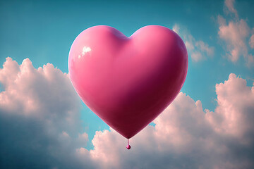 Fototapeta na wymiar Pink heart shaped balloon floating in the blue sky. Valentine's day concept illustration. Generative AI.